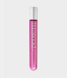 A transparent tube of shimmery pink body and face makeup with a white humanoid logo and silver cap