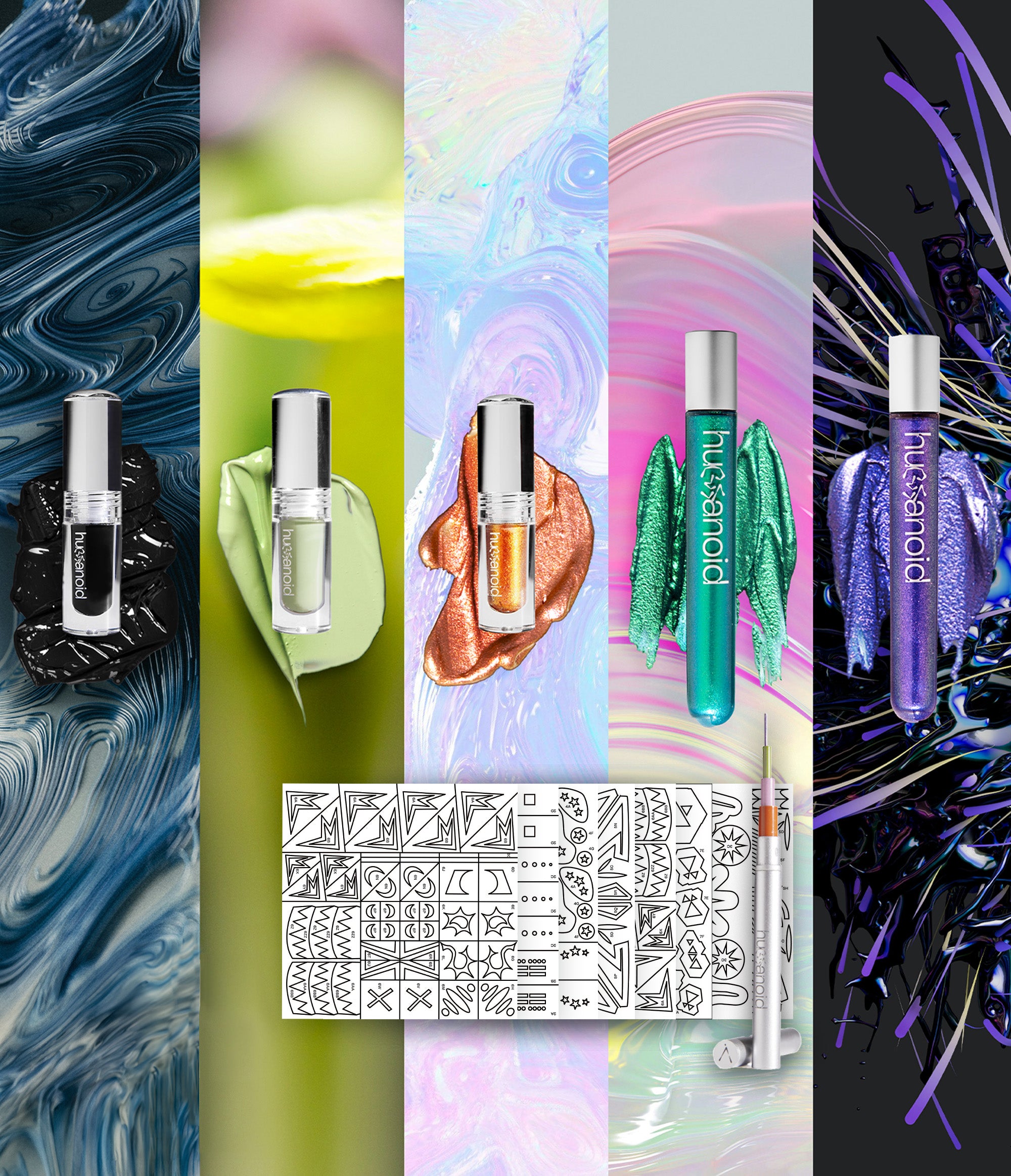Closeup of Alien Love Kit:  Corvid, Sagebrush, Costas, Eventide and Figeater, 8 stencil pages and dott tool.