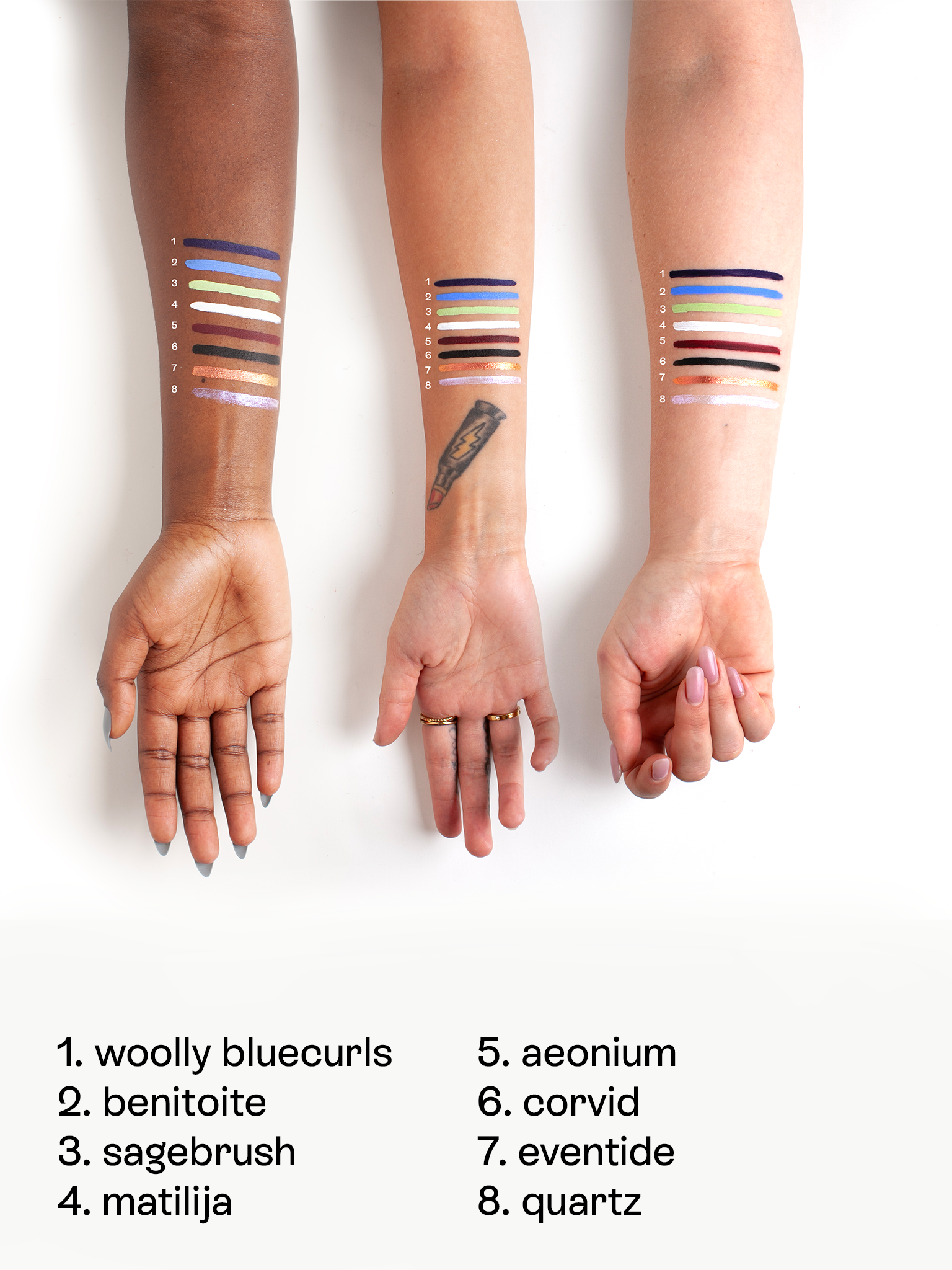 Color swatches of Deepdive colorpots on dark, medium and light tone forearms.