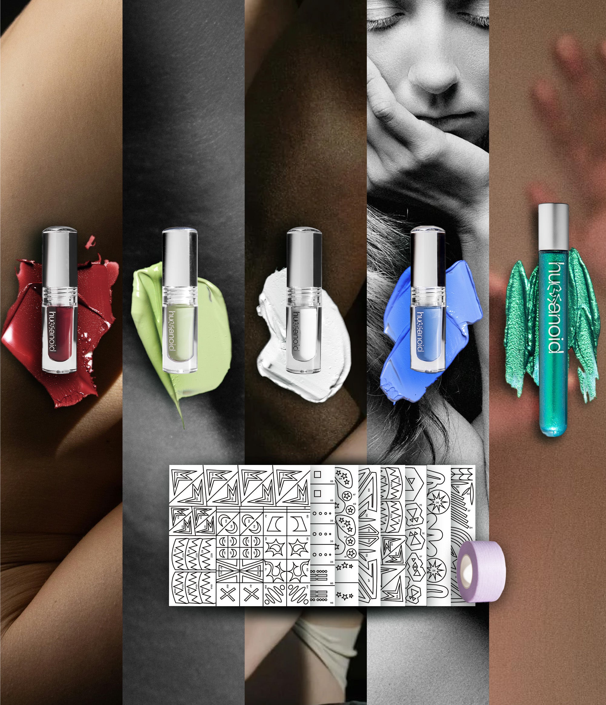 Closeup of BodyTalk Kit: Aeonium, Sagebrush, Matilija, Benitoite, Figeater, Stencil Kit, and humanoid tape