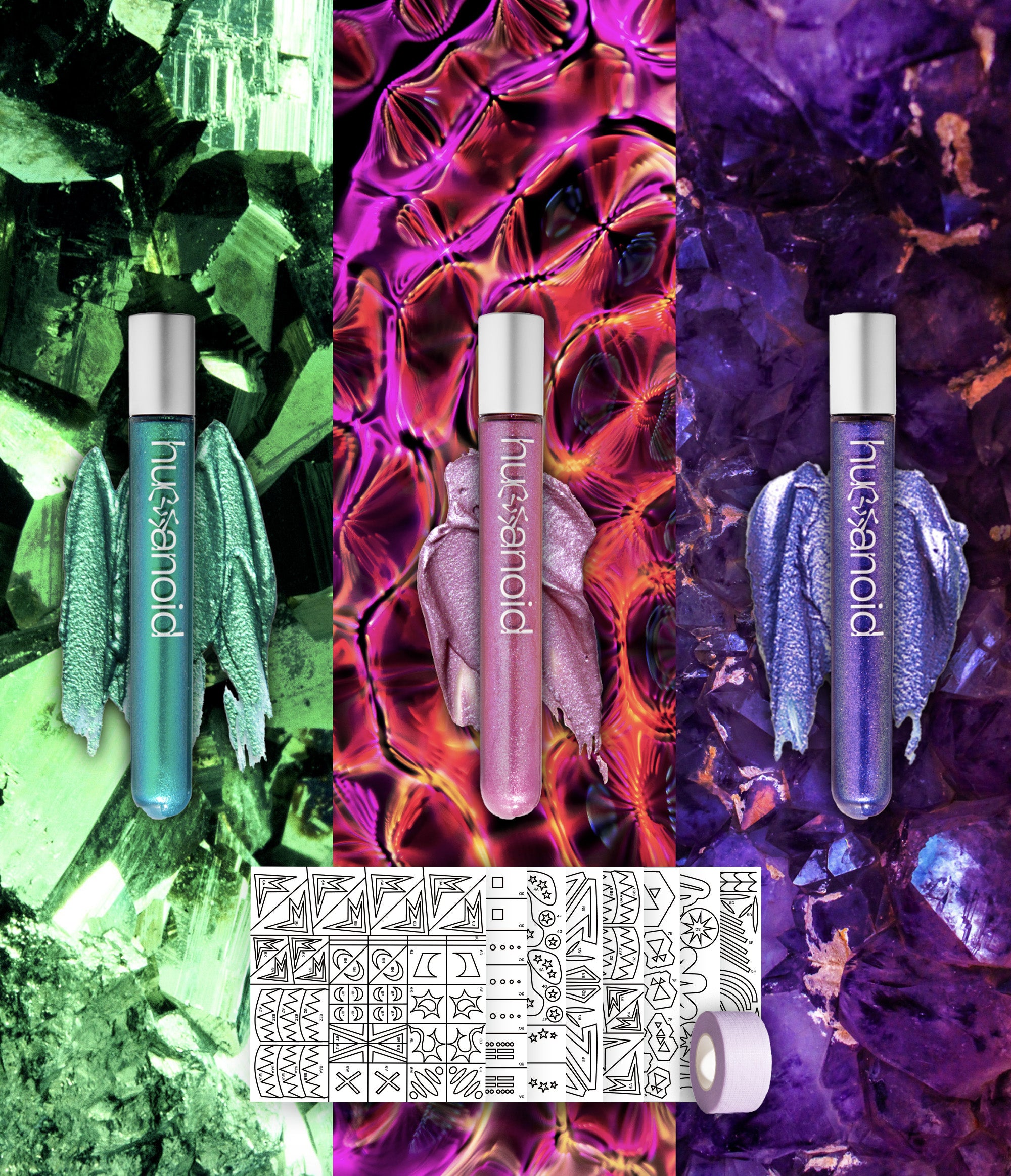 Close-up of Electric Dream Kit:  3 Colorwands, a stencil pack & tape 