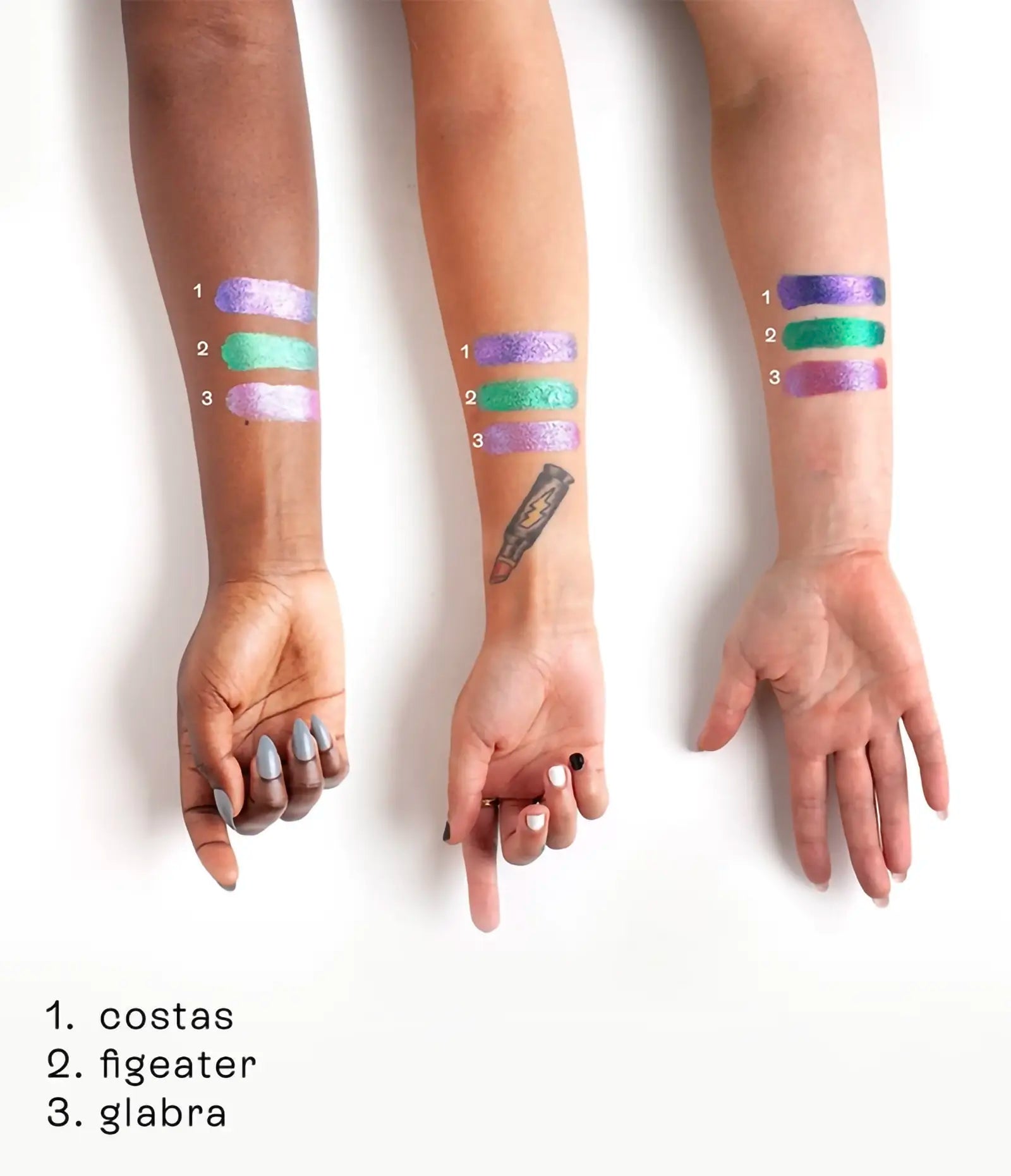g:1 | gel wand makeup arm swatches comparing costas indigo, figeater emerald, and glabra copper shades on different skin tones
