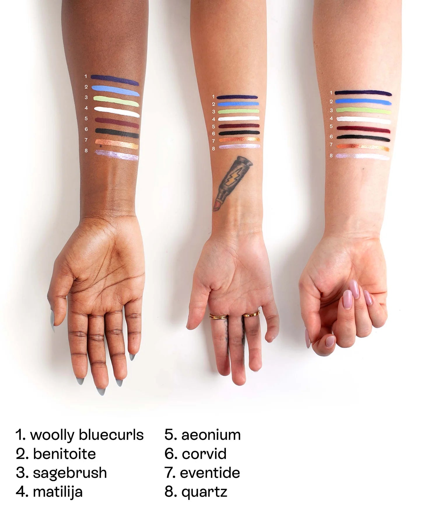 g:1 | deepdive makeup arm swatches comparing woolly bluecurls, benitoite, sagebrush, matilija, aeonium, corvid, eventide, quartz