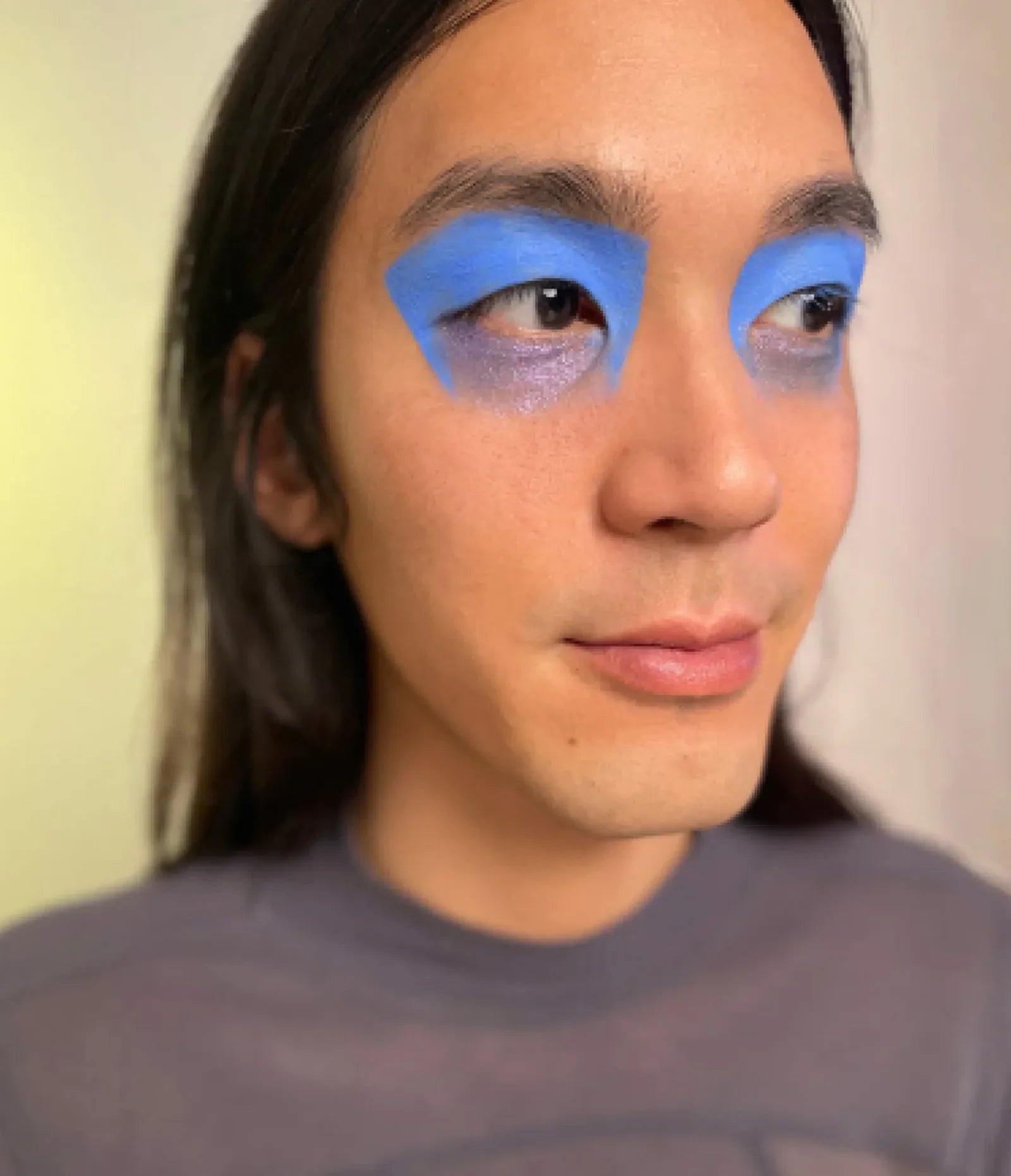 var:benitoite | closeup of model wearing humanoid benitoite deepdive pigment matte cornflower thick wide bands around his eyes, cornflower bright matte blue